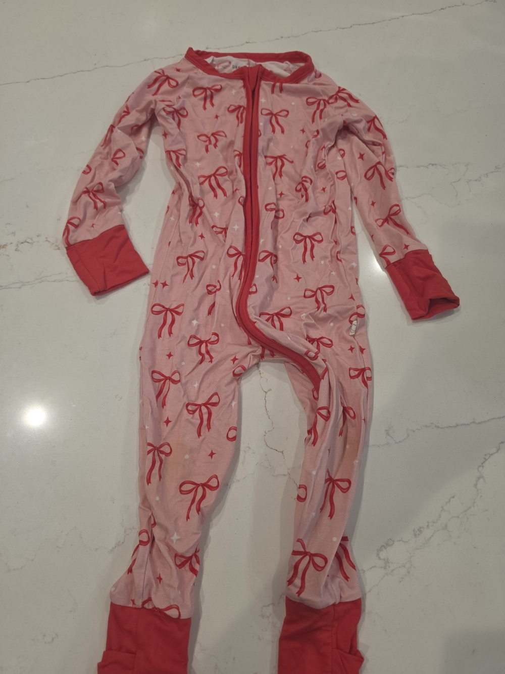 Girls' Pink Bow-Print Footed Pajamas with Red Trim